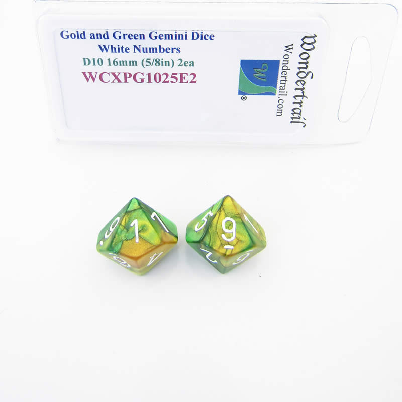 WCXPG1025E2 Gold Green Gemini Dice White Numbers D10 16mm Pack of 2 (ONLINE ORDER ONLY)