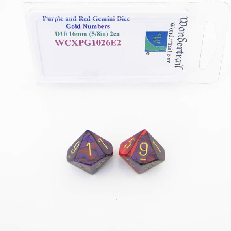 WCXPG1026E2 Purple Red Gemini Dice Gold Numbers D10 16mm Pack of 2 (ONLINE ORDER ONLY)