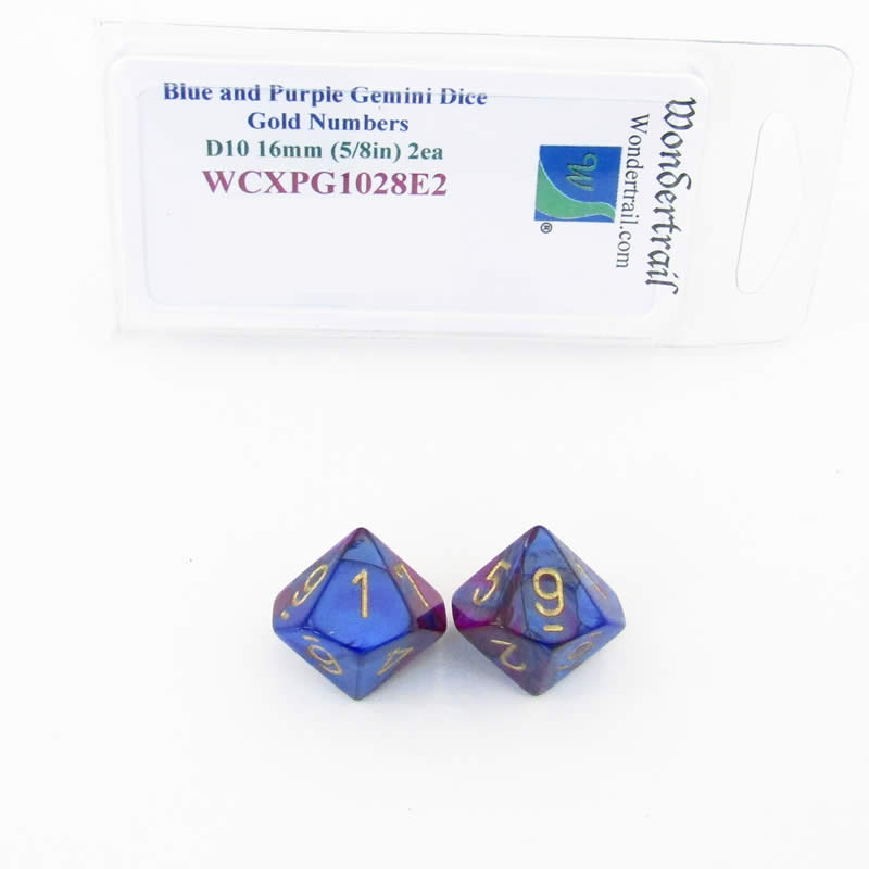 WCXPG1028E2 Blue Purple Gemini Dice Gold Numbers D10 16mm Pack of 2 (ONLINE ORDER ONLY)