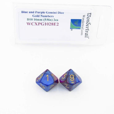 WCXPG1028E2 Blue Purple Gemini Dice Gold Numbers D10 16mm Pack of 2 (ONLINE ORDER ONLY)