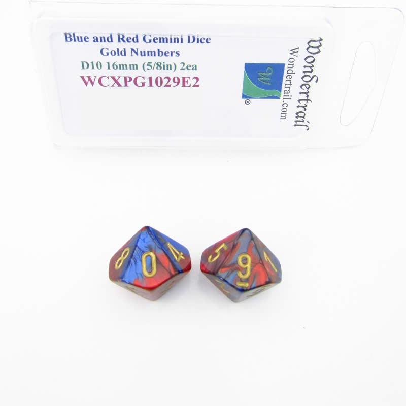WCXPG1029E2 Blue Red Gemini Dice Gold Numbers D10 16mm Pack of 2 (ONLINE ORDER ONLY)