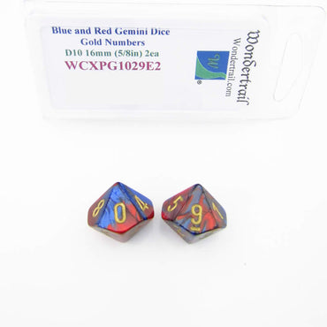 WCXPG1029E2 Blue Red Gemini Dice Gold Numbers D10 16mm Pack of 2 (ONLINE ORDER ONLY)
