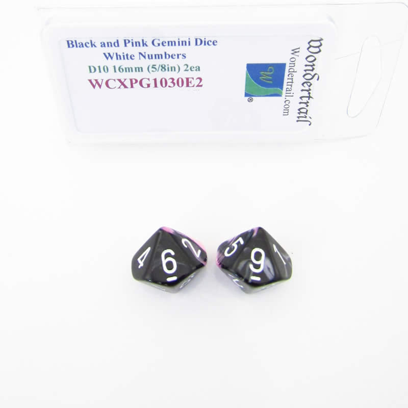 WCXPG1030E2 Black Pink Gemini Dice White Numbers D10 16mm Pack of 2 (ONLINE ORDER ONLY)