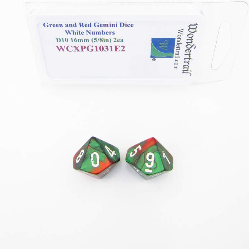WCXPG1031E2 Green Red Gemini Dice White Numbers D10 16mm Pack of 2 (ONLINE ORDER ONLY)