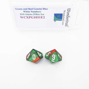 WCXPG1031E2 Green Red Gemini Dice White Numbers D10 16mm Pack of 2 (ONLINE ORDER ONLY)