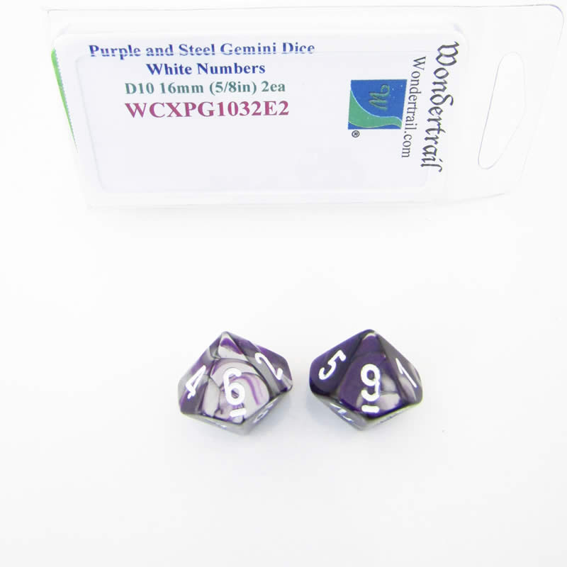 WCXPG1032E2 Purple Steel Gemini Dice White Numbers D10 16mm Pack of 2 (ONLINE ORDER ONLY)