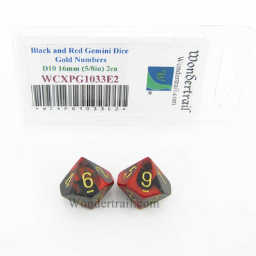 WCXPG1033E2 Black Red Gemini Dice Gold Numbers D10 16mm Pack of 2 (ONLINE ORDER ONLY)
