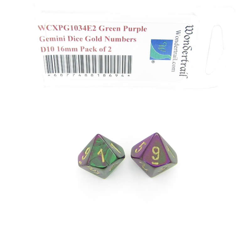 WCXPG1034E2 Green Purple Gemini Dice Gold Numbers D10 16mm Pack of 2 (ONLINE ORDER ONLY)