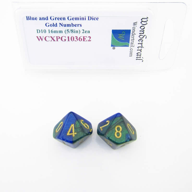 WCXPG1036E2 Blue Green Gemini Dice Gold Numbers D10 16mm Pack of 2 (ONLINE ORDER ONLY)