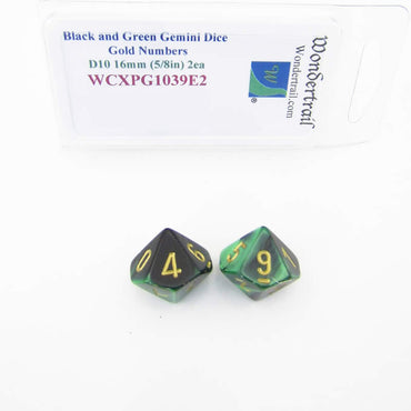 WCXPG1039E2 Black Green Gemini Dice Gold Numbers D10 16mm Pack of 2 (ONLINE ORDER ONLY)