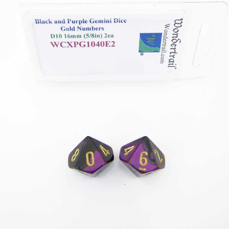WCXPG1040E2 Black Purple Gemini Dice Gold Numbers D10 16mm Pack of 2 (ONLINE ORDER ONLY)