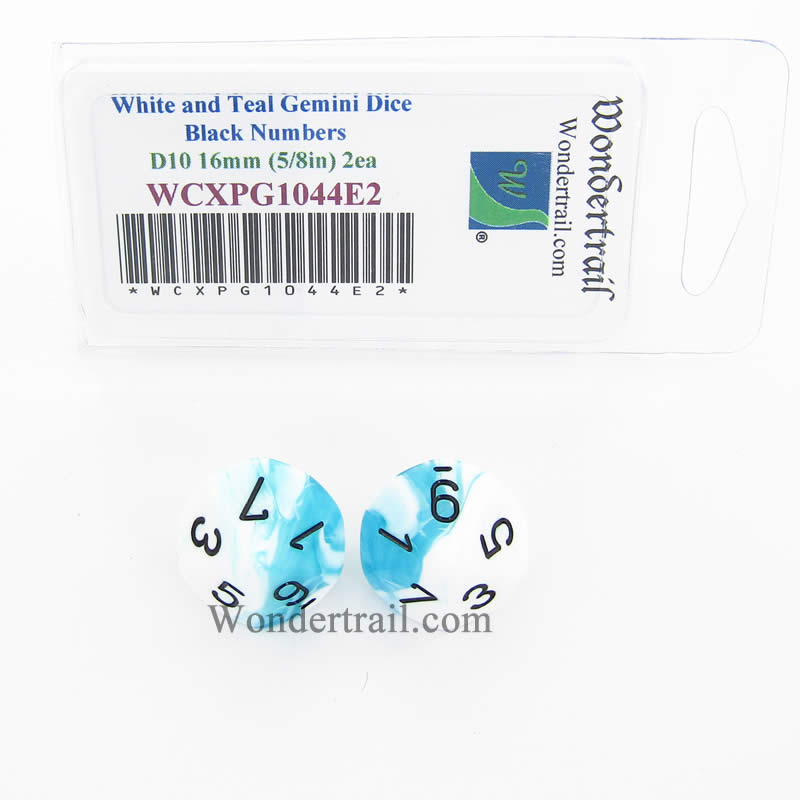 WCXPG1044E2 White Teal Gemini Dice Black Numbers D10 16mm Pack of 2 (ONLINE ORDER ONLY)