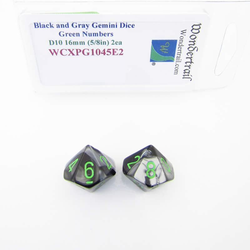 WCXPG1045E2 Black Grey Gemini Dice Green Numbers D10 16mm Pack of 2 (ONLINE ORDER ONLY)