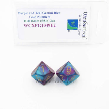 WCXPG1049E2 Purple Teal Gemini Dice Gold Numbers D10 16mm Pack of 2 (ONLINE ORDER ONLY)