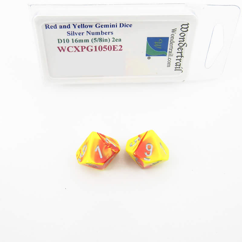 WCXPG1050E2 Red Yellow Gemini Dice Silver Colored Numbers D10 16mm Pack of 2 (ONLINE ORDER ONLY)