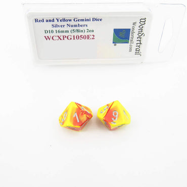 WCXPG1050E2 Red Yellow Gemini Dice Silver Colored Numbers D10 16mm Pack of 2 (ONLINE ORDER ONLY)