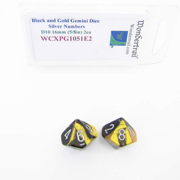 WCXPG1051E2 Black Gold Gemini Dice Silver Numbers D10 16mm Pack of 2 (ONLINE ORDER ONLY)