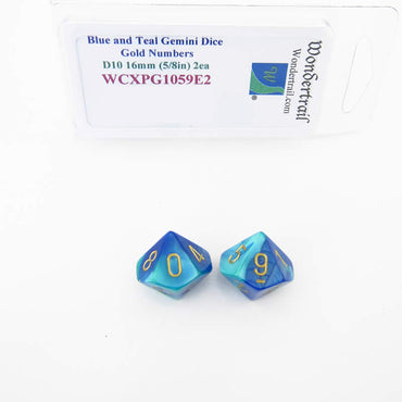 WCXPG1059E2 Blue Teal Gemini Dice Gold Numbers D10 16mm Pack of 2 (ONLINE ORDER ONLY)