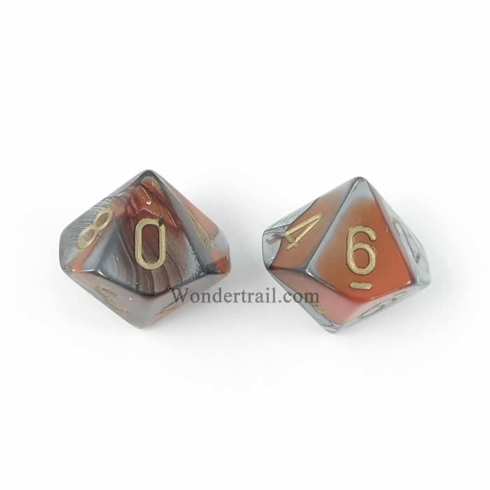 WCXPG1061E2 Orange Steel Gemini Dice Gold Numbers D10 16mm Pack of 2 (ONLINE ORDER ONLY)