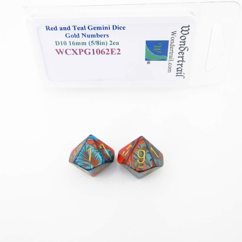 WCXPG1062E2 Red Teal Gemini Dice Gold Numbers D10 16mm Pack of 2 (ONLINE ORDER ONLY)