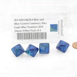 WCXPG1063E4 Blue and Blue Gemini Luminary Dice Light Blue Numbers D10 16mm (5/8in) Pack of 4 (ONLINE ORDER ONLY)