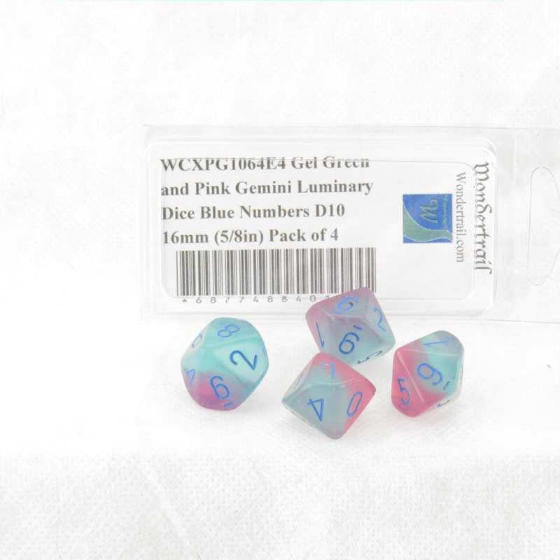 WCXPG1064E4 Gel Green and Pink Gemini Luminary Dice Blue Numbers D10 16mm (5/8in) Pack of 4 (ONLINE ORDER ONLY)