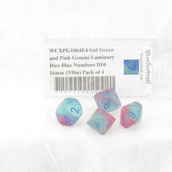 WCXPG1064E4 Gel Green and Pink Gemini Luminary Dice Blue Numbers D10 16mm (5/8in) Pack of 4 (ONLINE ORDER ONLY)