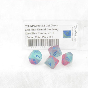 WCXPG1064E4 Gel Green and Pink Gemini Luminary Dice Blue Numbers D10 16mm (5/8in) Pack of 4 (ONLINE ORDER ONLY)