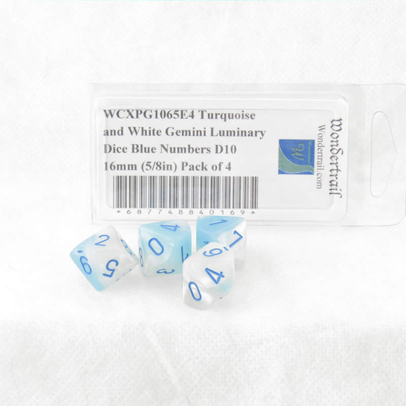 WCXPG1065E4 Turquoise and White Gemini Luminary Dice Blue Numbers D10 16mm (5/8in) Pack of 4 (ONLINE ORDER ONLY)