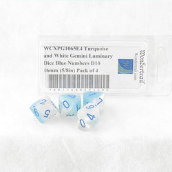 WCXPG1065E4 Turquoise and White Gemini Luminary Dice Blue Numbers D10 16mm (5/8in) Pack of 4 (ONLINE ORDER ONLY)