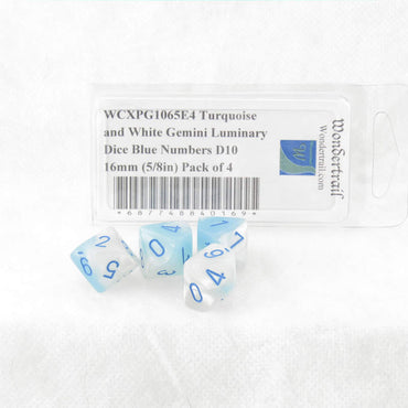 WCXPG1065E4 Turquoise and White Gemini Luminary Dice Blue Numbers D10 16mm (5/8in) Pack of 4 (ONLINE ORDER ONLY)