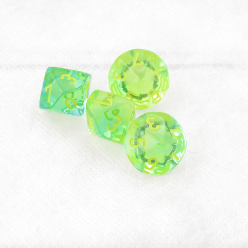 WCXPG1066E4 Green and Teal Gemini Luminary Dice Yellow Numbers D10 Aprox 16mm (5/8in) Pack of 4 (ONLINE ORDER ONLY)
