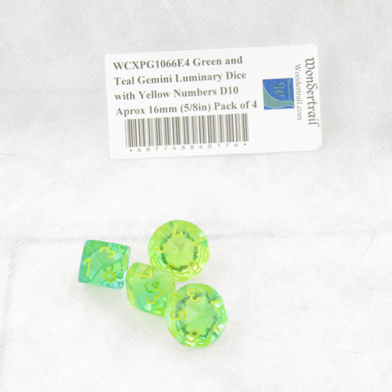 WCXPG1066E4 Green and Teal Gemini Luminary Dice Yellow Numbers D10 Aprox 16mm (5/8in) Pack of 4 (ONLINE ORDER ONLY)