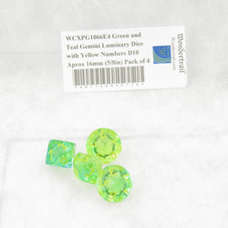 WCXPG1066E4 Green and Teal Gemini Luminary Dice Yellow Numbers D10 Aprox 16mm (5/8in) Pack of 4 (ONLINE ORDER ONLY)
