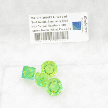 WCXPG1066E4 Green and Teal Gemini Luminary Dice Yellow Numbers D10 Aprox 16mm (5/8in) Pack of 4 (ONLINE ORDER ONLY)