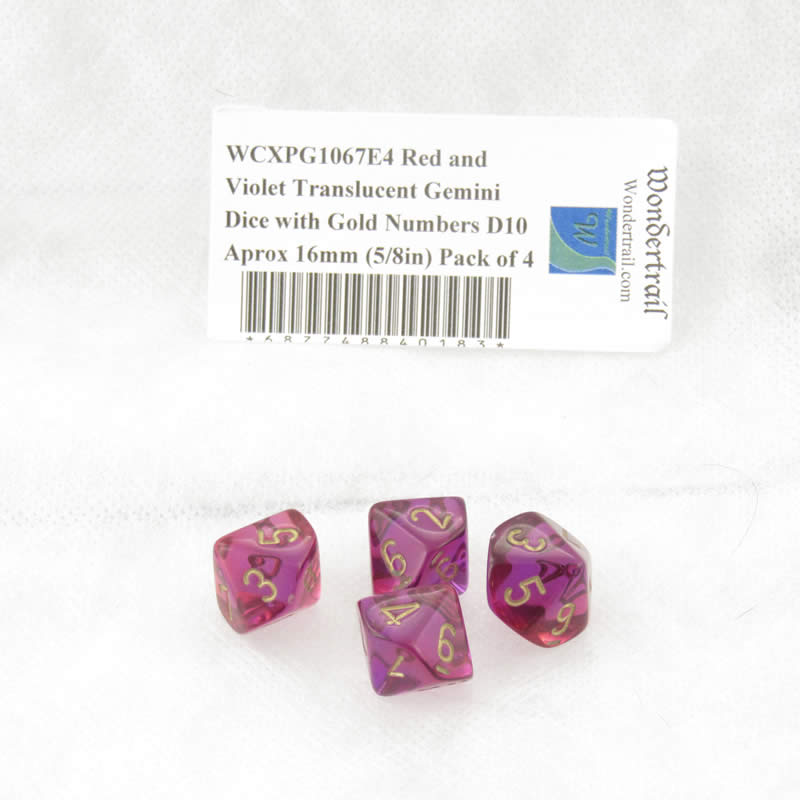 WCXPG1067E4 Red and Violet Translucent Gemini Dice Gold Numbers D10 Aprox 16mm (5/8in) Pack of 4 (ONLINE ORDER ONLY)