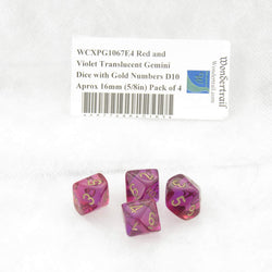 WCXPG1067E4 Red and Violet Translucent Gemini Dice Gold Numbers D10 Aprox 16mm (5/8in) Pack of 4 (ONLINE ORDER ONLY)