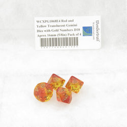 WCXPG1068E4 Red and Yellow Translucent Gemini Dice Gold Numbers D10 Aprox 16mm (5/8in) Pack of 4 (ONLINE ORDER ONLY)
