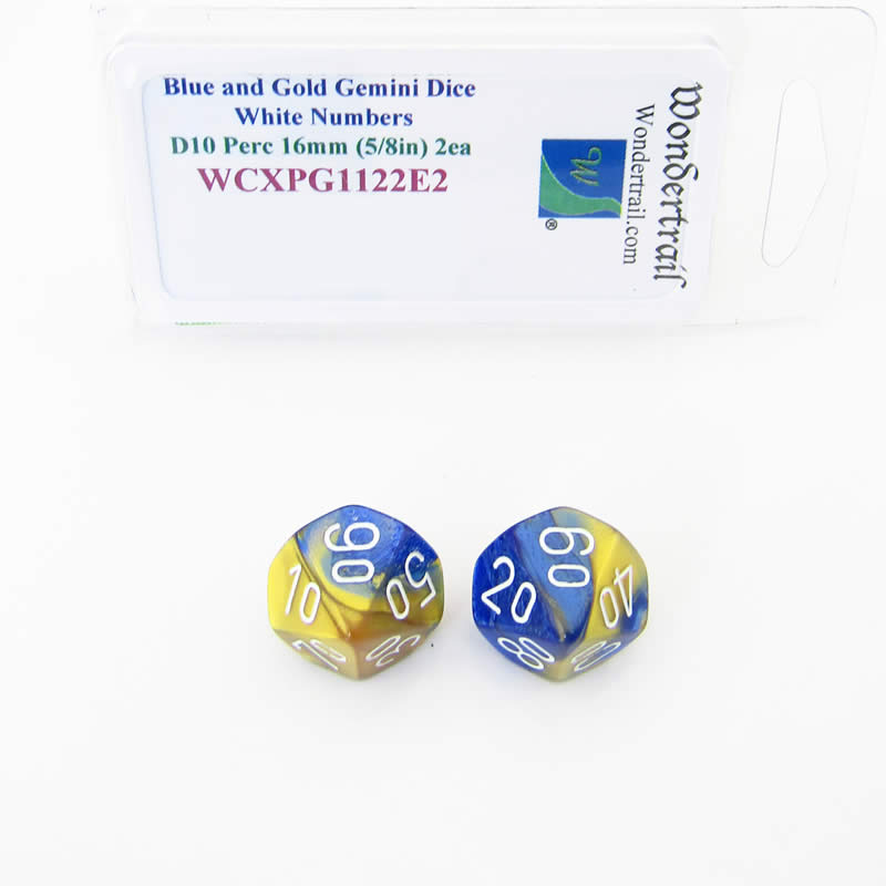 WCXPG1122E2 Blue Gold Gemini Dice White Numbers 10s D10 16mm Pack of 2 (ONLINE ORDER ONLY)