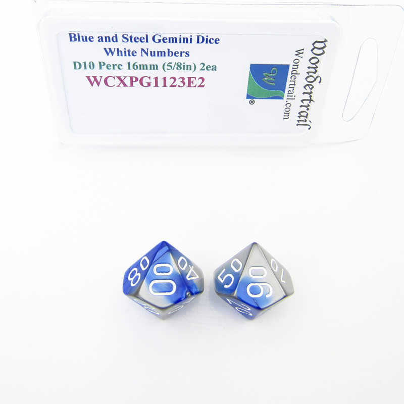 WCXPG1123E2 Blue Steel Gemini Dice White Numbers 10s D10 16mm Pack of 2 (ONLINE ORDER ONLY)