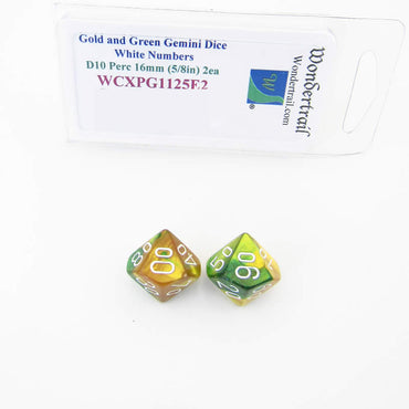 WCXPG1125E2 Gold Green Gemini Dice White Numbers 10s D10 16mm Pack of 2 (ONLINE ORDER ONLY)