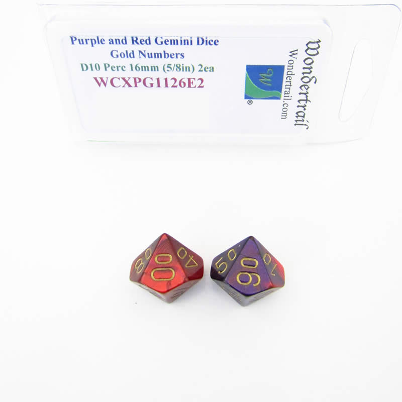 WCXPG1126E2 Purple Red Gemini Dice Gold Numbers 10s D10 16mm Pack of 2 (ONLINE ORDER ONLY)