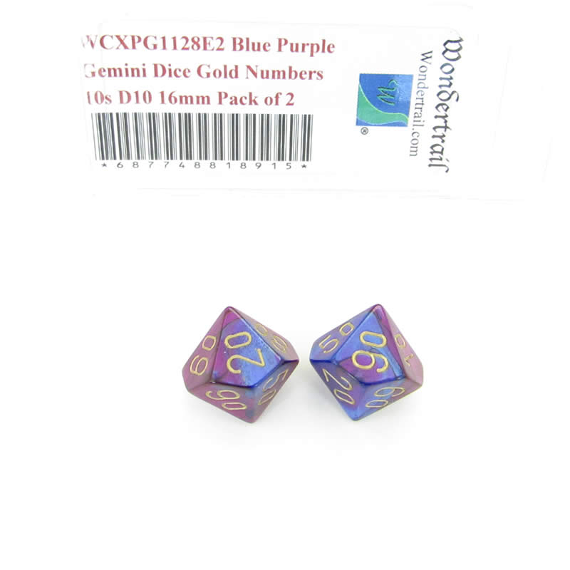 WCXPG1128E2 Blue Purple Gemini Dice Gold Numbers 10s D10 16mm Pack of 2 (ONLINE ORDER ONLY)