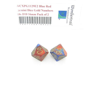 WCXPG1129E2 Blue Red Gemini Dice Gold Numbers 10s D10 16mm Pack of 2 (ONLINE ORDER ONLY)