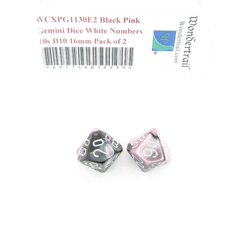 WCXPG1130E2 Black Pink Gemini Dice White Numbers 10s D10 16mm Pack of 2 (ONLINE ORDER ONLY)