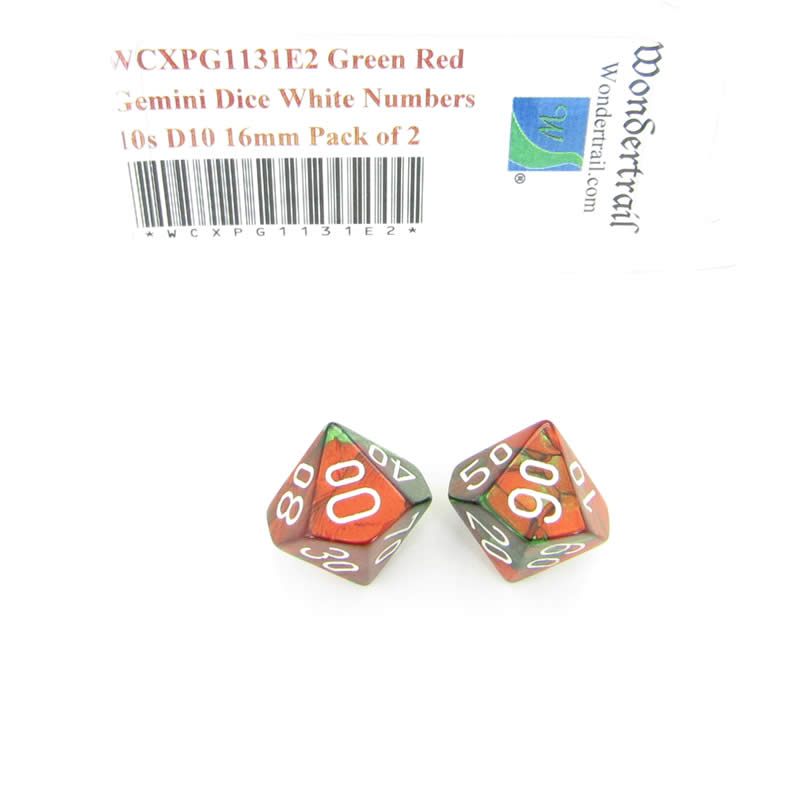 WCXPG1131E2 Green Red Gemini Dice White Numbers 10s D10 16mm Pack of 2 (ONLINE ORDER ONLY)