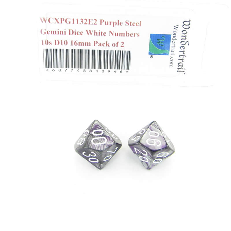 WCXPG1132E2 Purple Steel Gemini Dice White Numbers 10s D10 16mm Pack of 2 (ONLINE ORDER ONLY)