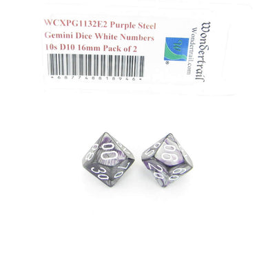 WCXPG1132E2 Purple Steel Gemini Dice White Numbers 10s D10 16mm Pack of 2 (ONLINE ORDER ONLY)
