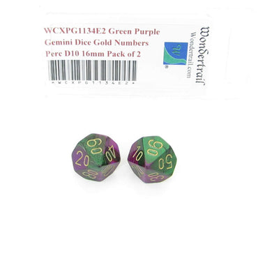 WCXPG1134E2 Green Purple Gemini Dice Gold Numbers Perc D10 16mm Pack of 2 (ONLINE ORDER ONLY)