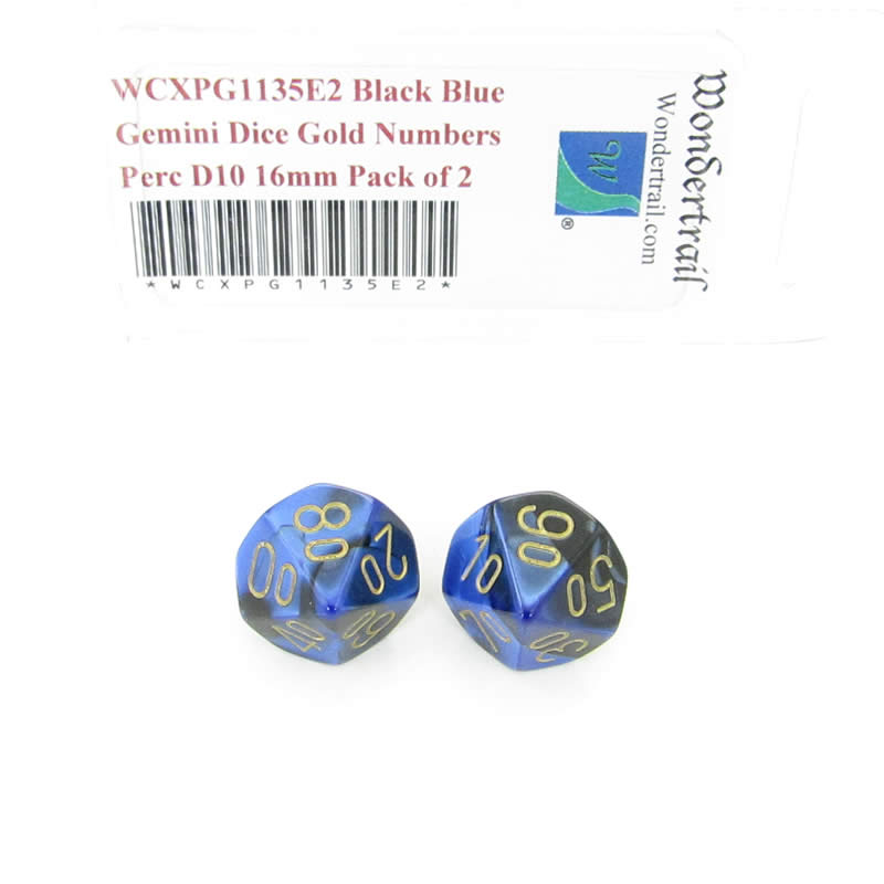 WCXPG1135E2 Black Blue Gemini Dice Gold Numbers Perc D10 16mm Pack of 2 (ONLINE ORDER ONLY)
